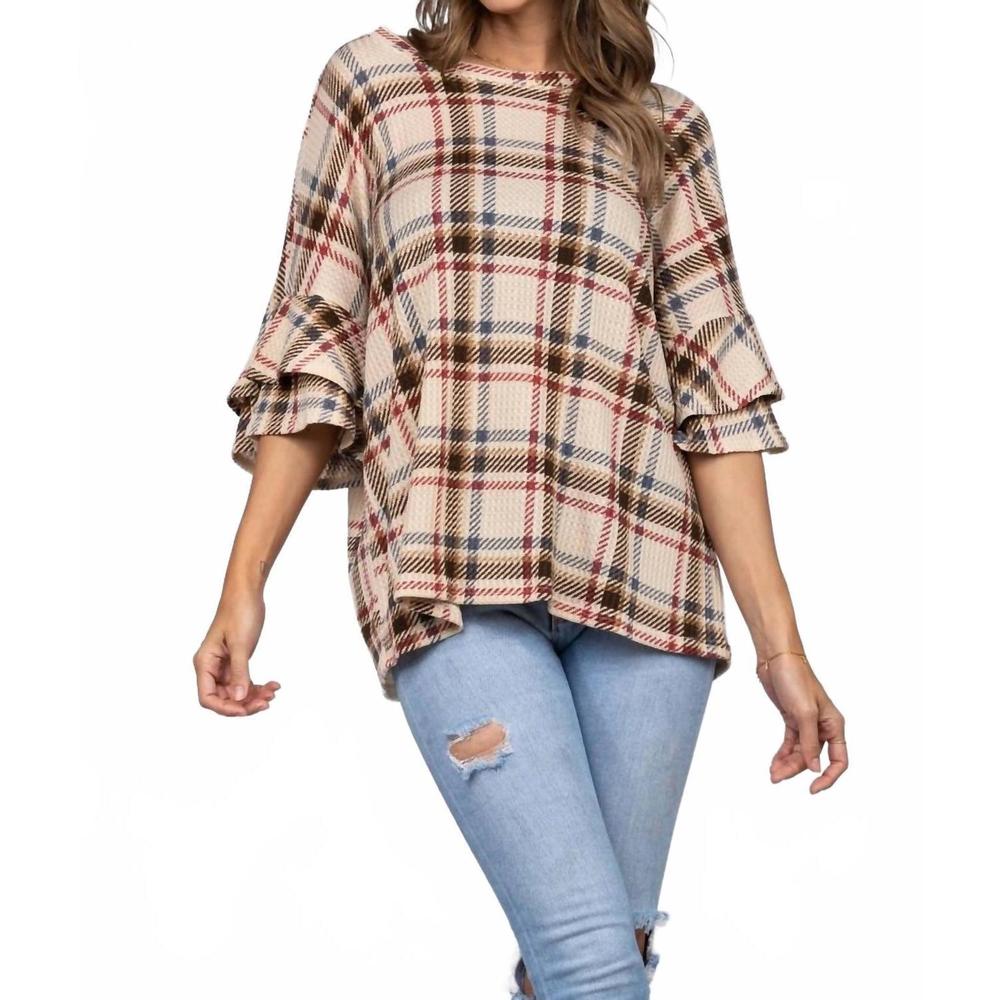 NEW COLLECTIVE RACK layered ruffle plaid top in beige